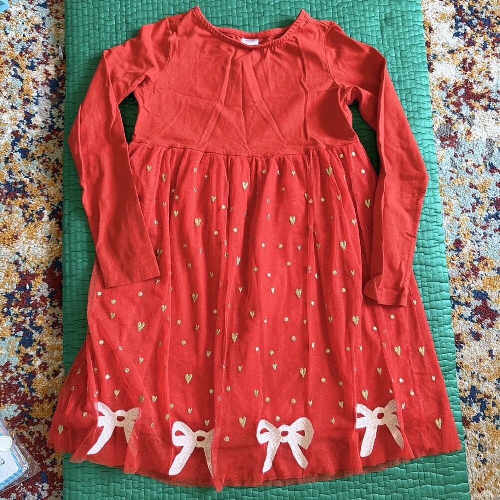 Hanna Andersson Long Sleeve Red Dress W/ Tulle Bows & Hearts 140cm Sz 10 Trendy